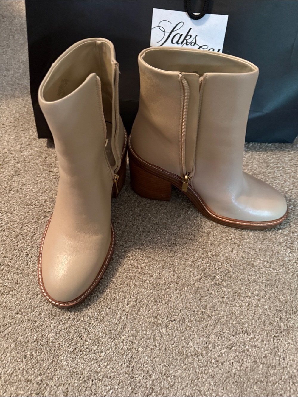 Marc Fisher Beige Leather Block Heel Ankle Boots